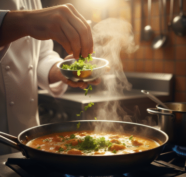 Close-up of a chef sprinkling fresh herbs over simmering curry in a pan, steam rising in golden kitchen light.