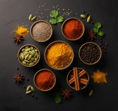 Top-down photo of various Indian spices like turmeric, cumin, and chili arranged in small bowls on a dark background.