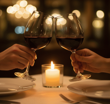 Close-up of a couple clinking glasses over a candle-lit dinner table, soft background blur.