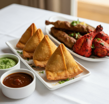 Close-up of plated Indian appetizers — samosas, kebabs, chutneys — on a white tablecloth with soft natural light.