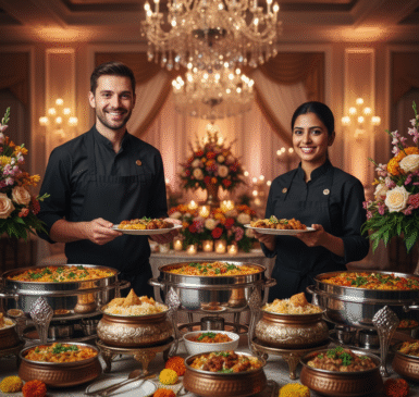 Smiling catering staff serving guests at a decorated event table with colourful Indian dishes and flower arrangements.