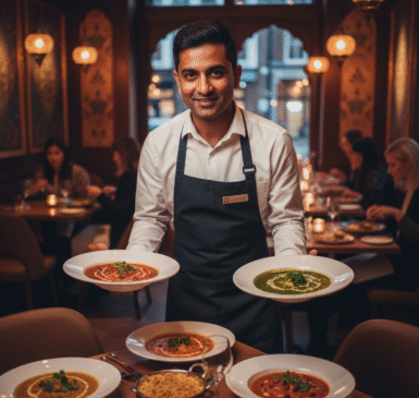 Smiling waiter serving colourful Indian curries on white plates, warm golden restaurant lighting.